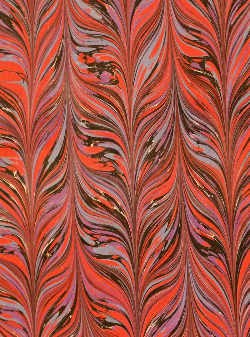 Papel jaspeado rojo y rosa con un dibujo de plumas