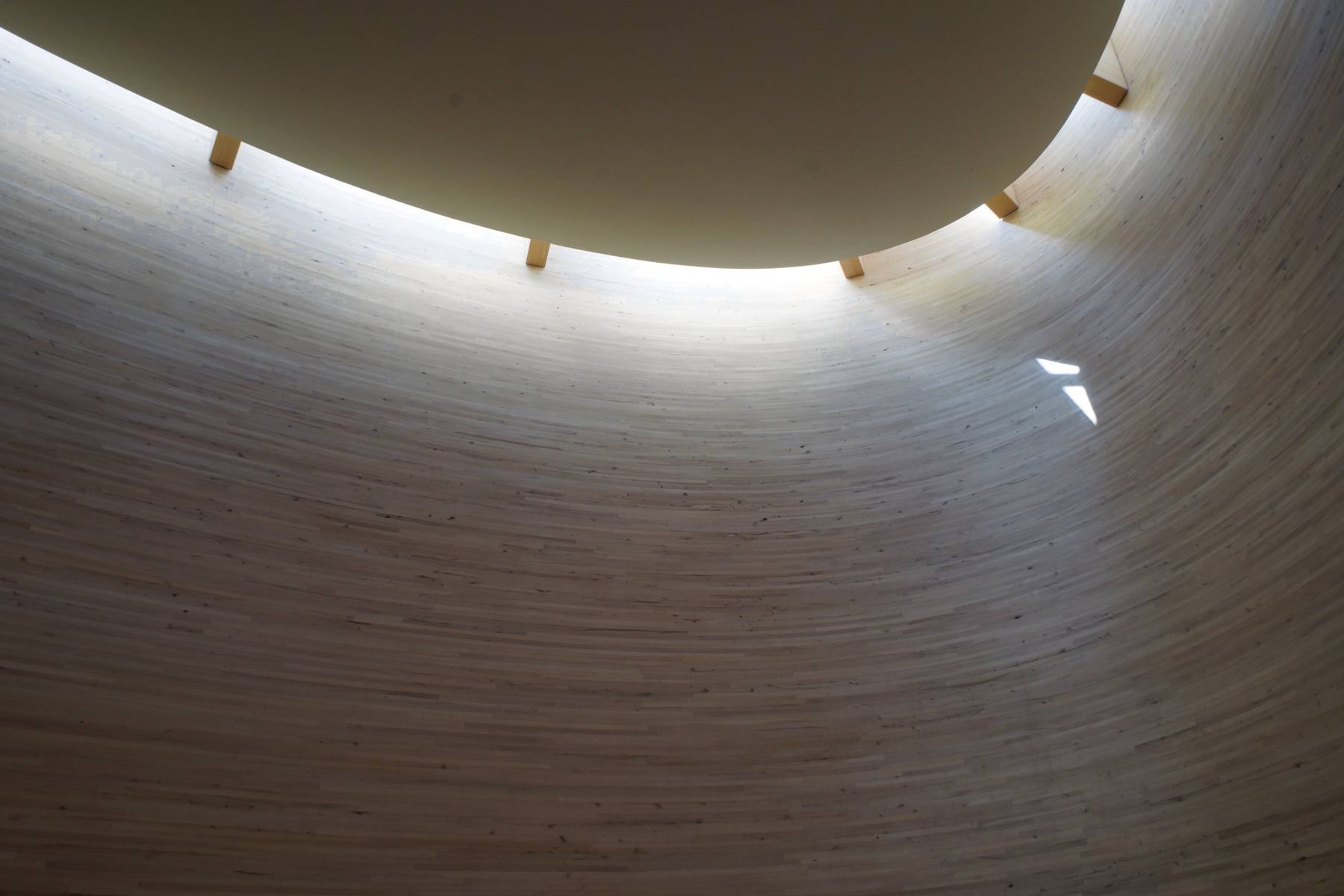 Pared curva de madera clara con una franja de luz que baja desde un óculo