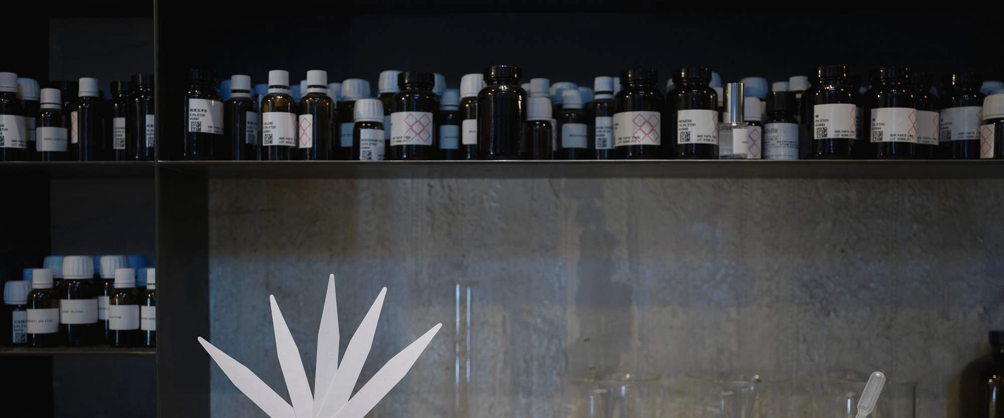 El banco de un perfumista con frascos oscuros en los estantes y una balanza