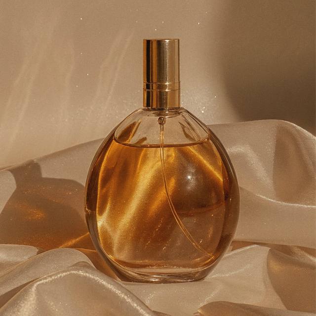 Un frasco ovalado de perfume ámbar sobre una tela satinada