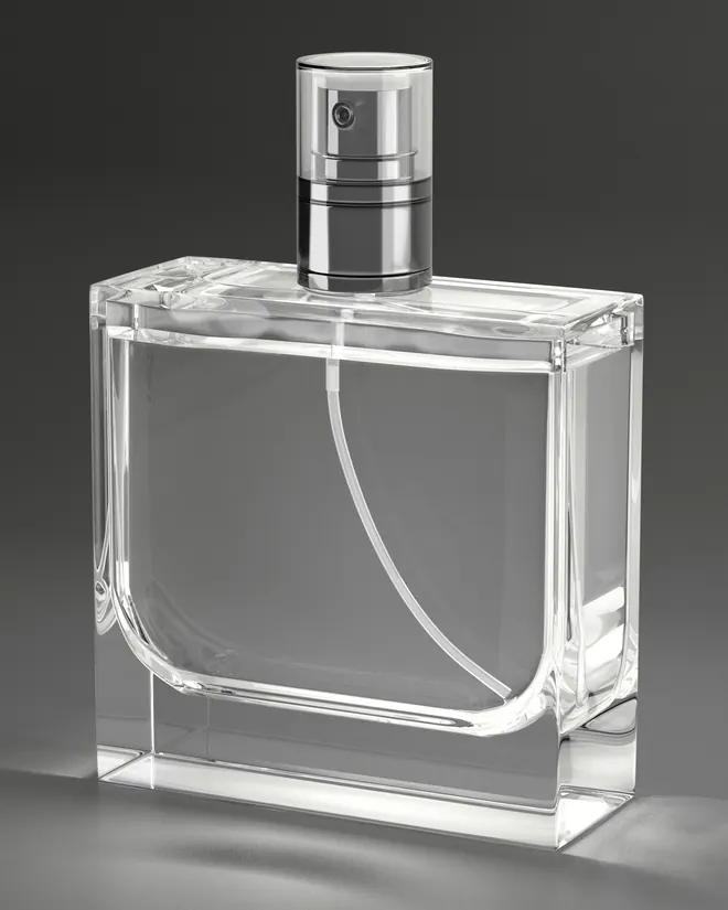 Frasco de perfume transparente de caras planas sobre un fondo gris oscuro