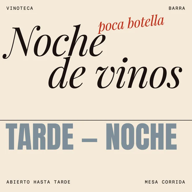 Cartel de la vinoteca: «Noche de vinos», «poca botella» y «Tarde — noche» en letras grandes