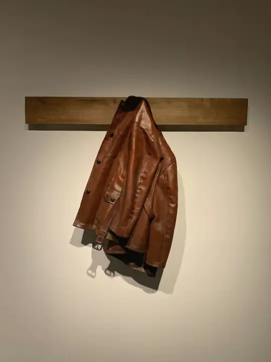 Chaqueta de cuero marrón colgada de un riel de madera, con luz cálida de costado
