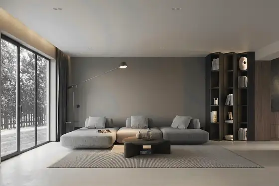 Sala de estar moderna con un gran ventanal
