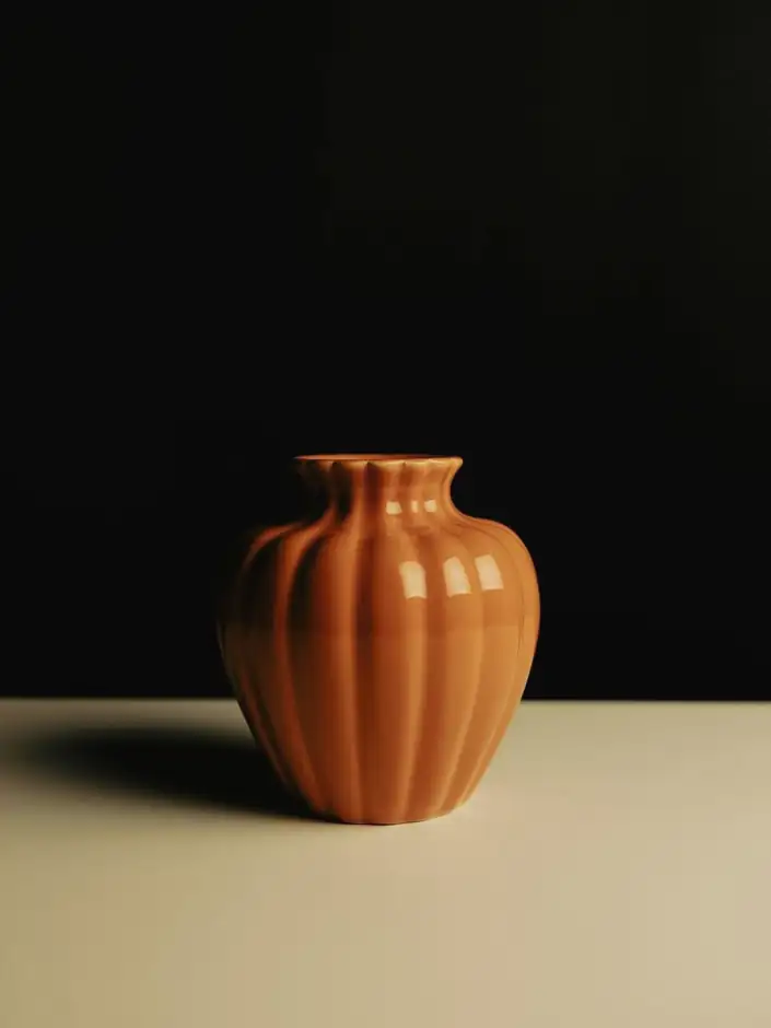 Jarrón de cerámica naranja sobre fondo negro
