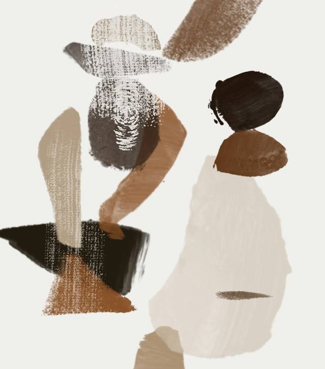 Lámina de collage con formas de papel en tonos tierra sobre fondo crema