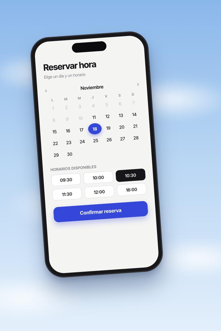Teléfono con una pantalla para elegir día y hora de una reserva, sobre un cielo con nubes
