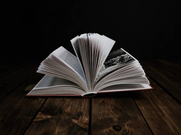 Libro con las páginas desplegadas sobre madera oscura