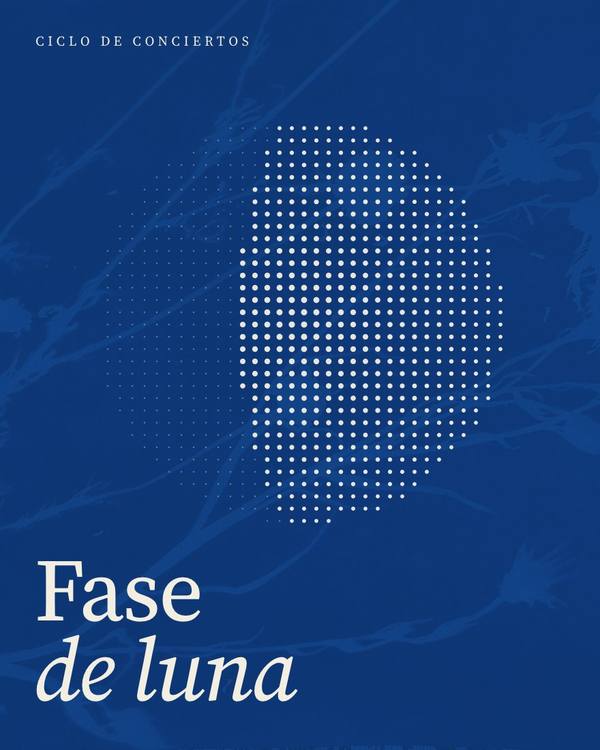 Afiche azul en cianotipia con puntos que marcan las fases de la luna
