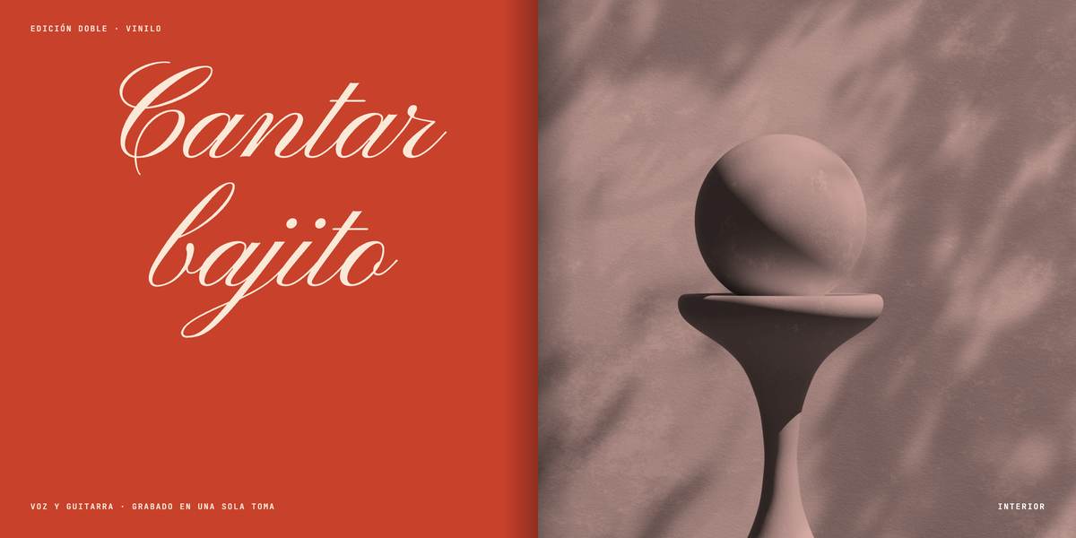Carátula abierta: panel rojo con el título «Cantar bajito» y panel con una esfera sobre un pedestal