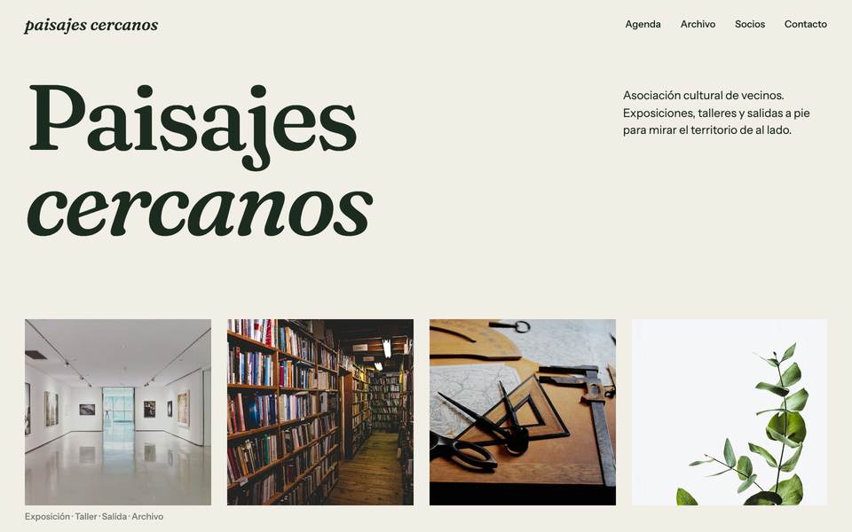 Inicio del sitio de una asociación cultural con el título «Paisajes cercanos» y cuatro fotos