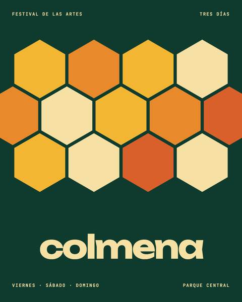 Afiche verde oscuro con un panal de hexágonos y la palabra «colmena»