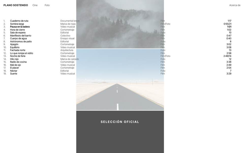 Sitio de una directora de fotografía: lista de trabajos con imágenes de niebla y carretera