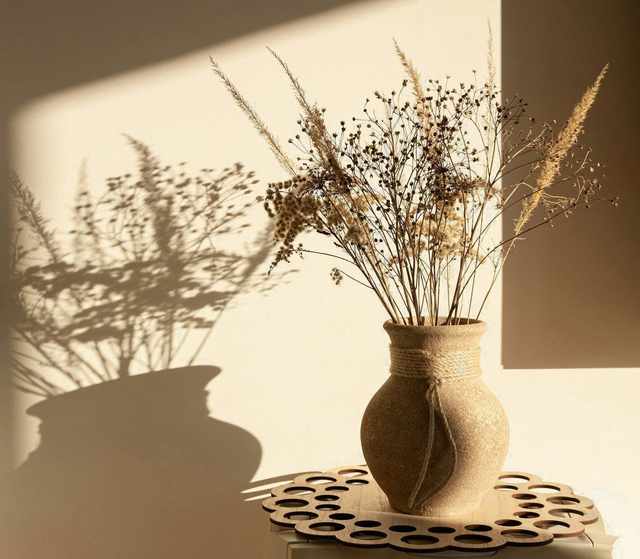 Jarrón de cerámica con flores secas y su sombra en la pared
