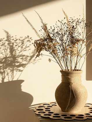 Jarrón de cerámica con flores secas y su sombra en la pared