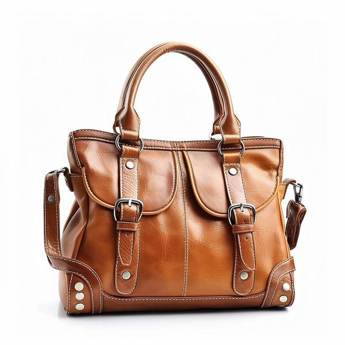 Bolso grande de cuero color miel con dos hebillas, sobre un fondo blanco