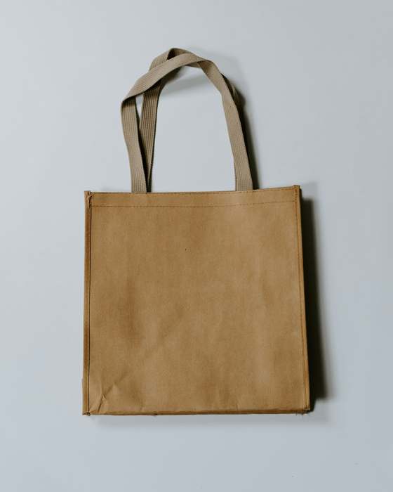 Una bolsa de papel kraft sobre fondo azul grisáceo