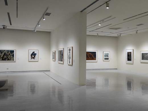 Una sala de galería vacía con cuadros en las paredes