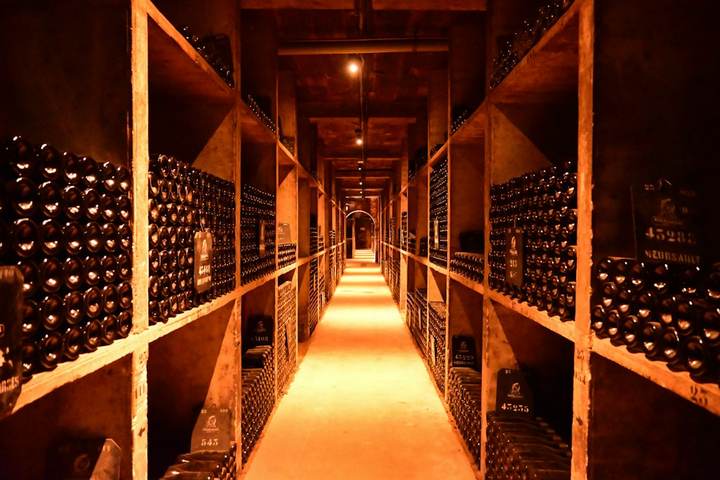 Pasillo largo de una bodega con botellas