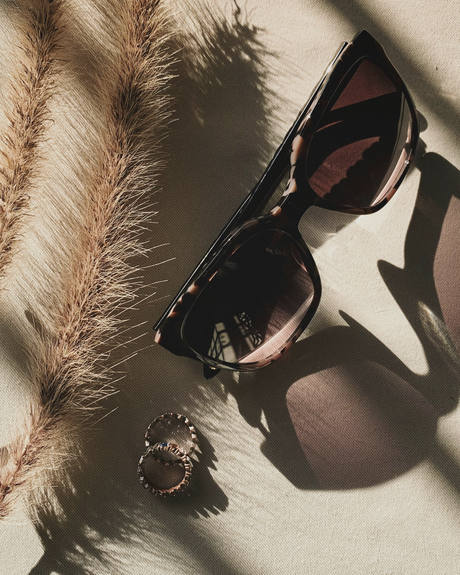 Lentes de sol de carey junto a plumas secas y dos anillos, con luz de ventana