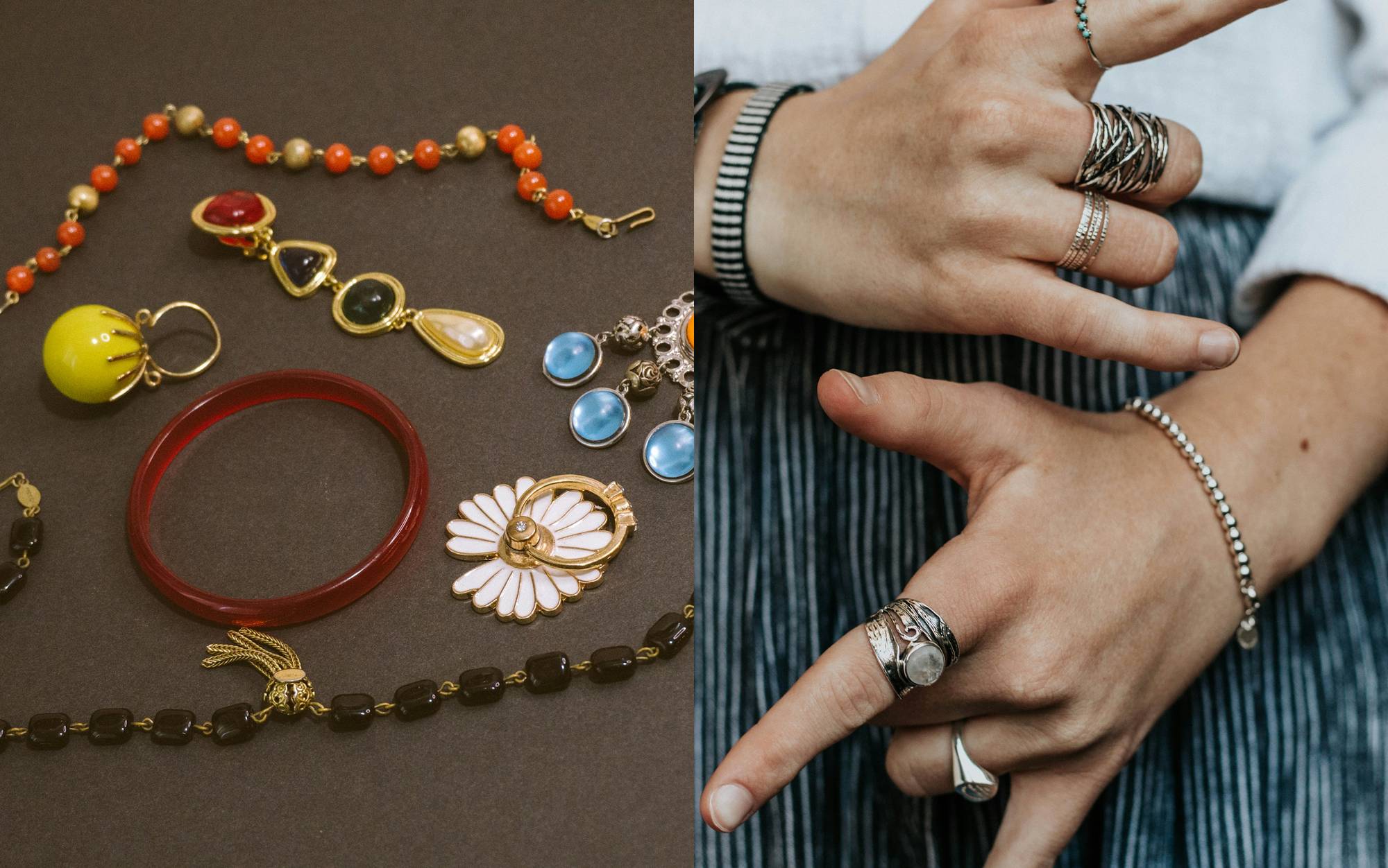 Dos fotografías: joyas de colores sobre un fondo pardo y manos con anillos de plata sobre una tela rayada