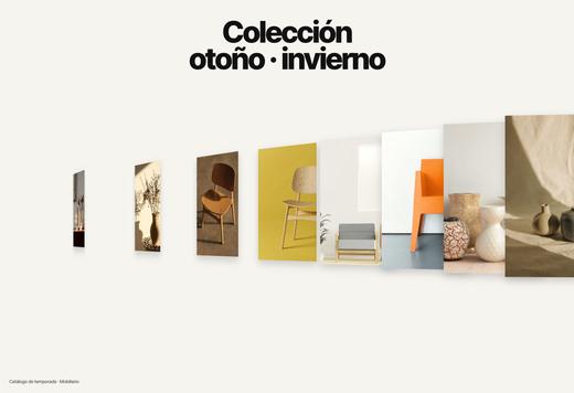 Abanico de fotografías de sillas y objetos bajo el título «Colección otoño invierno»