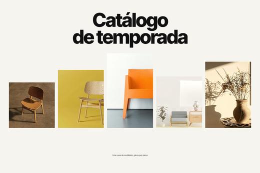 Una fila de cinco fotografías de muebles sobre una regla, bajo el título «Catálogo de temporada»
