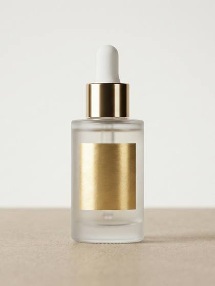 Frasco de vidrio transparente con gotero y collar dorado sobre una superficie beige
