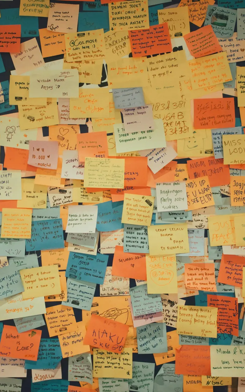 Pared cubierta de notas adhesivas escritas a mano