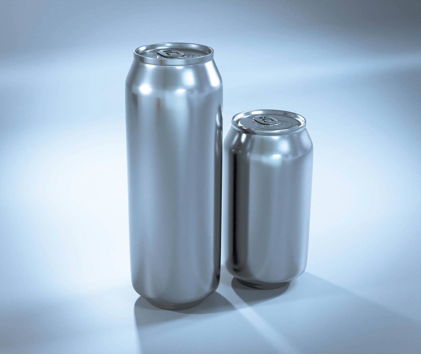 Dos latas de aluminio brillante sobre un fondo degradado azul