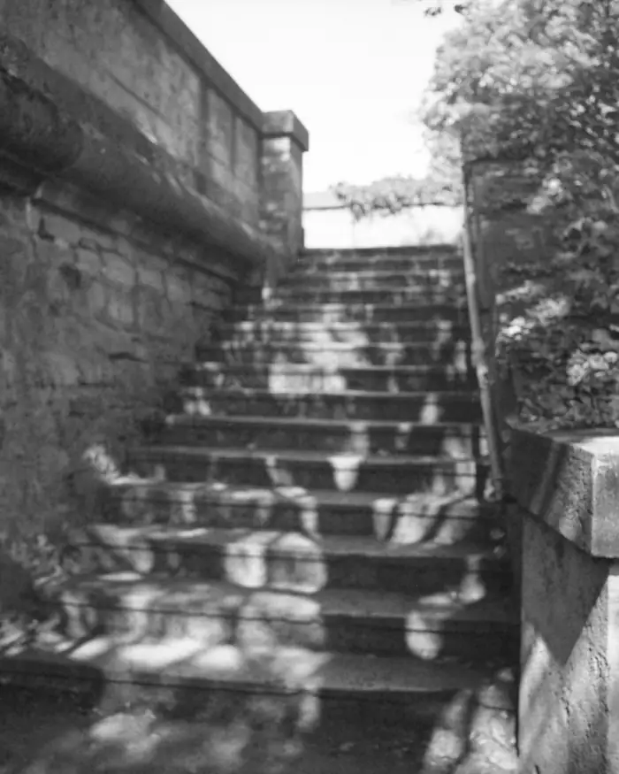 Escalera de piedra en blanco y negro con luz moteada