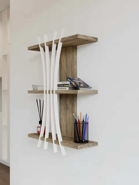 Estante de madera con soportes curvos blancos