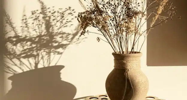 Jarrón de barro con flores secas y su sombra