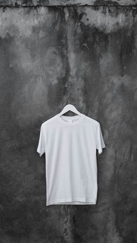 Camiseta blanca colgada de una percha sobre una pared de cemento