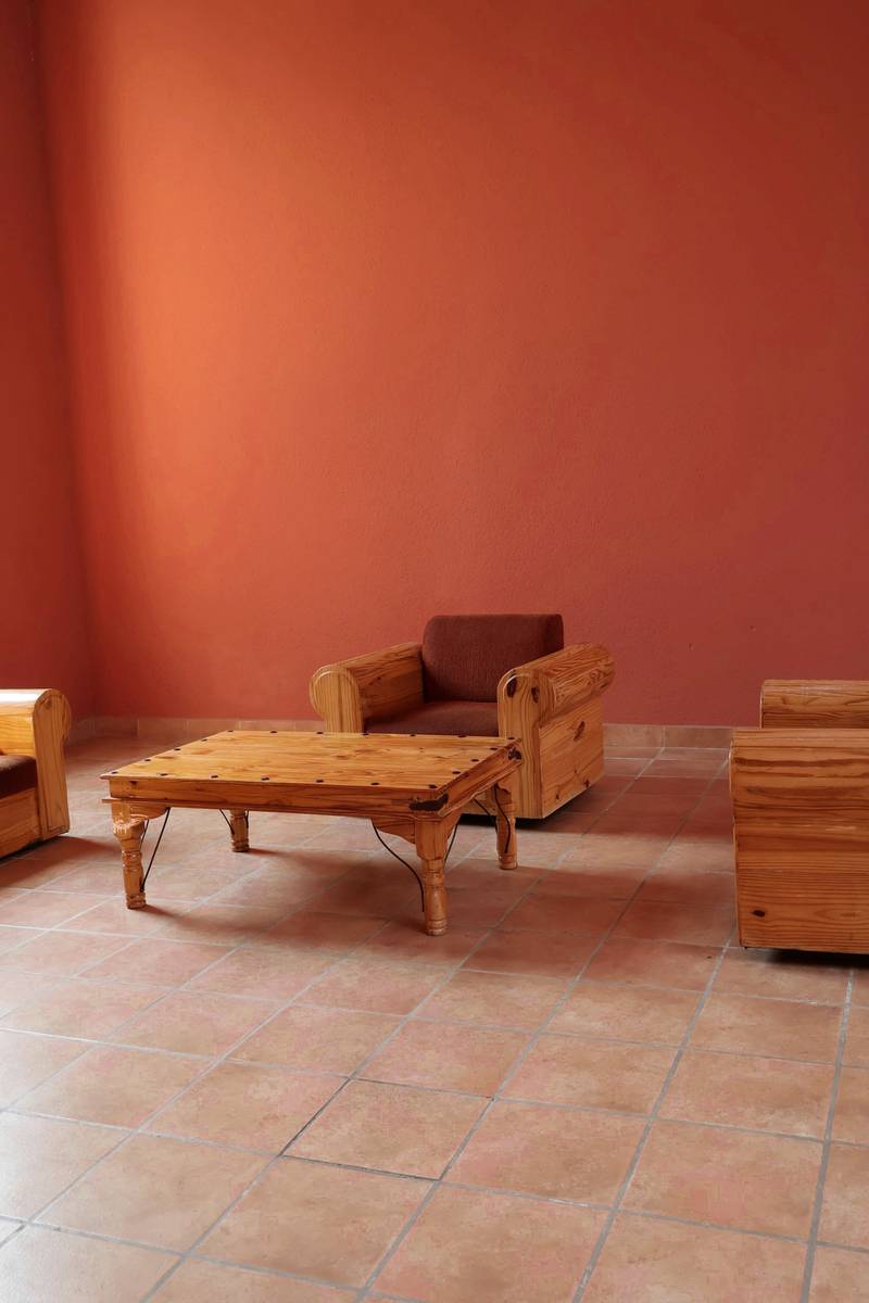 Salón de pared color terracota con sillones y una mesa de madera