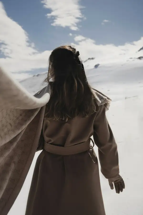 Figura de espaldas con abrigo marrón, en la nieve