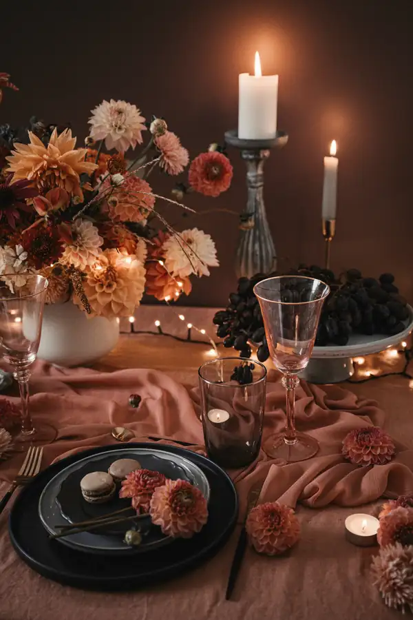 Mesa con velas, dalias y un mantel rosado bajo una luz cálida