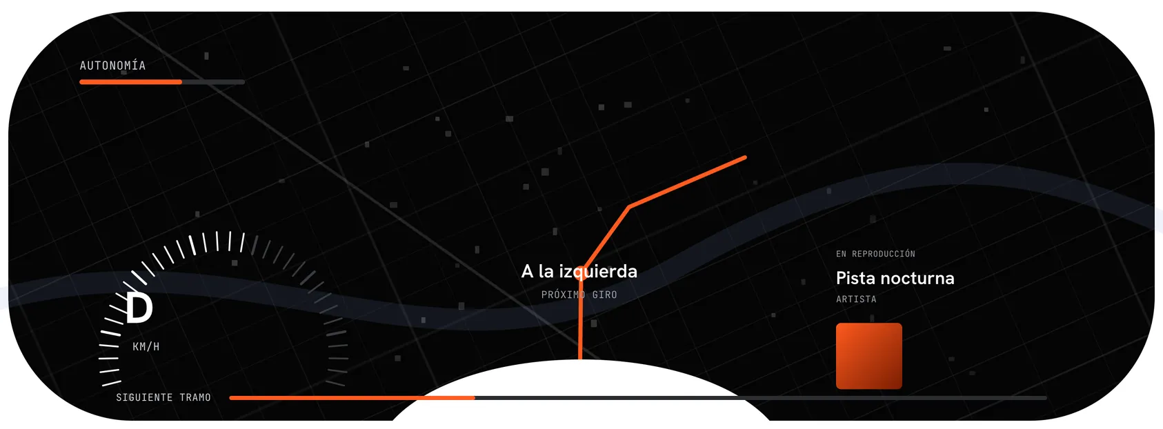 Pantalla de cabeza alta con una ruta naranja sobre el mapa y el aviso de un giro a la izquierda
