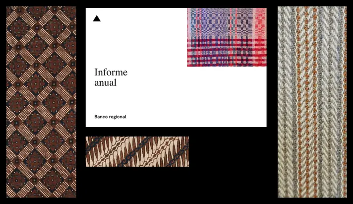 Otra composición de tejidos con la portada de un informe anual sobre fondo negro