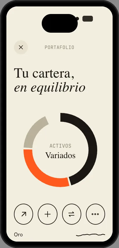 Pantalla móvil crema de una aplicación de inversión, con un anillo de cartera equilibrada