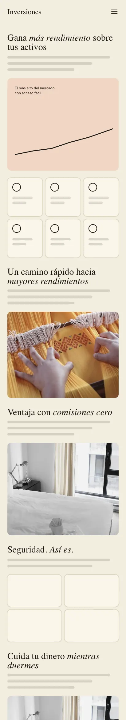 Página web crema de la aplicación de inversión, con titulares en serif, bloques de color y una cama blanca