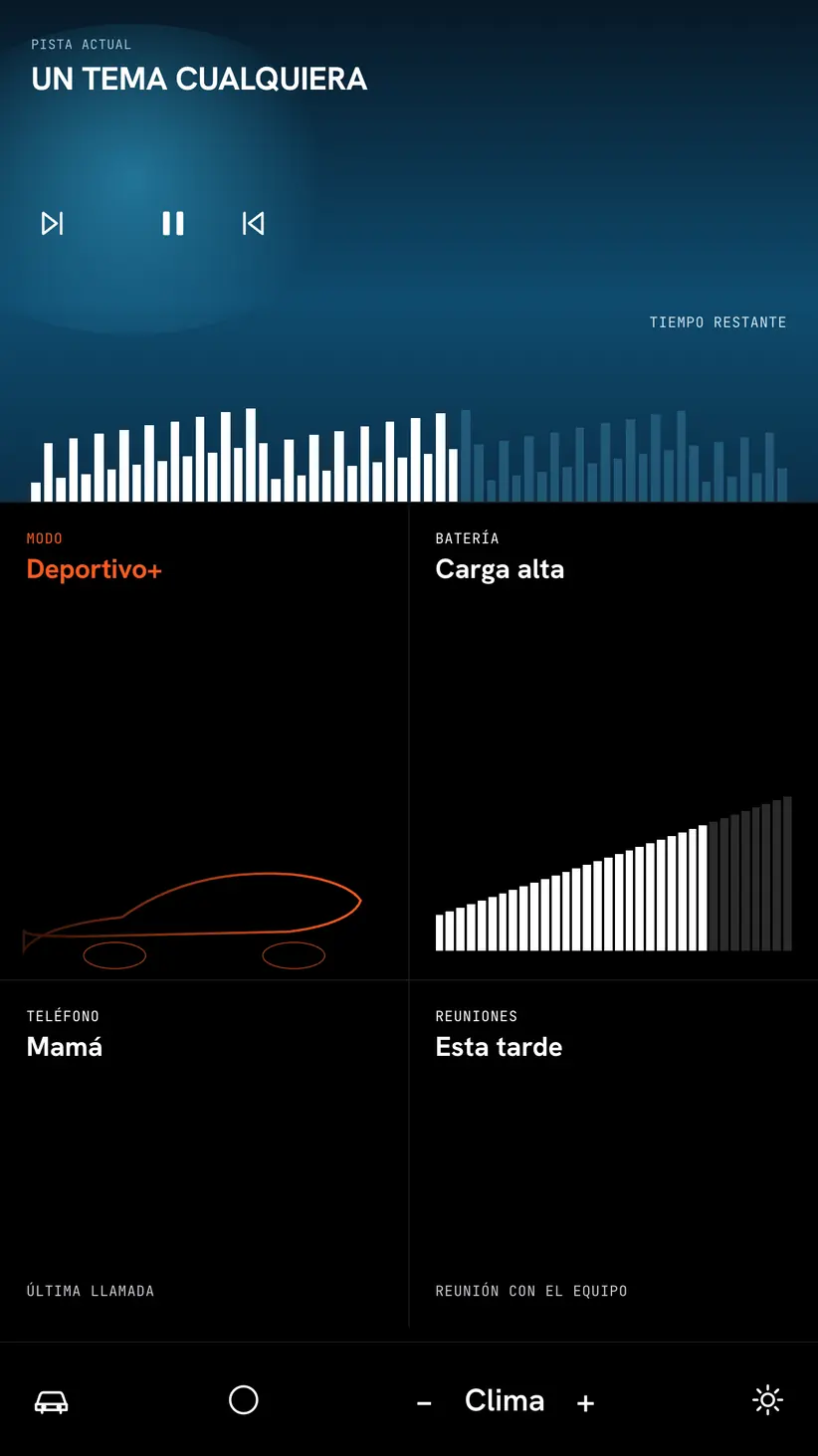 Tablero digital con modo deportivo, batería, teléfono, reuniones y un reproductor azul