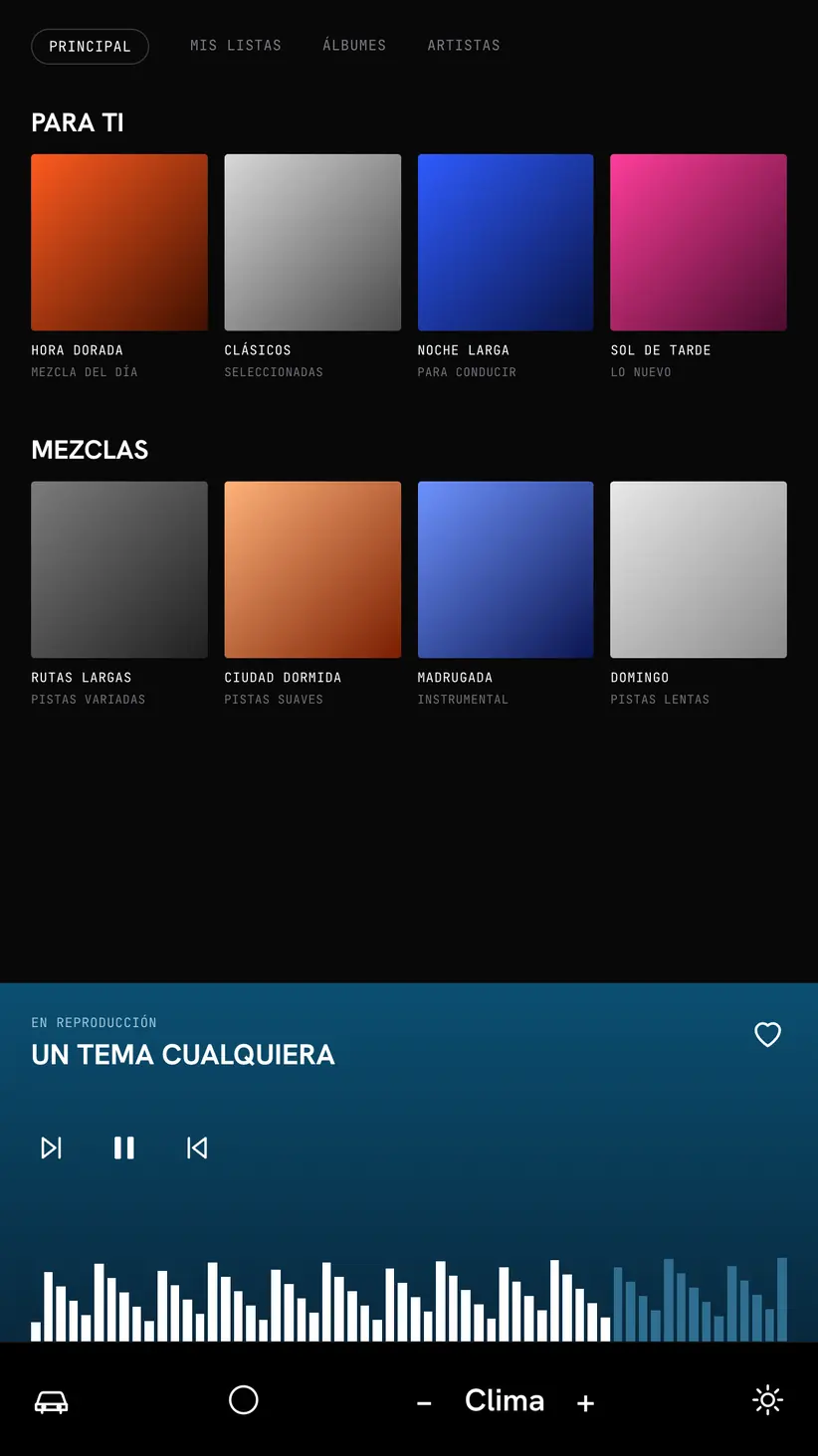 Tablero digital con listas de música para ti, mezclas y un reproductor azul con onda