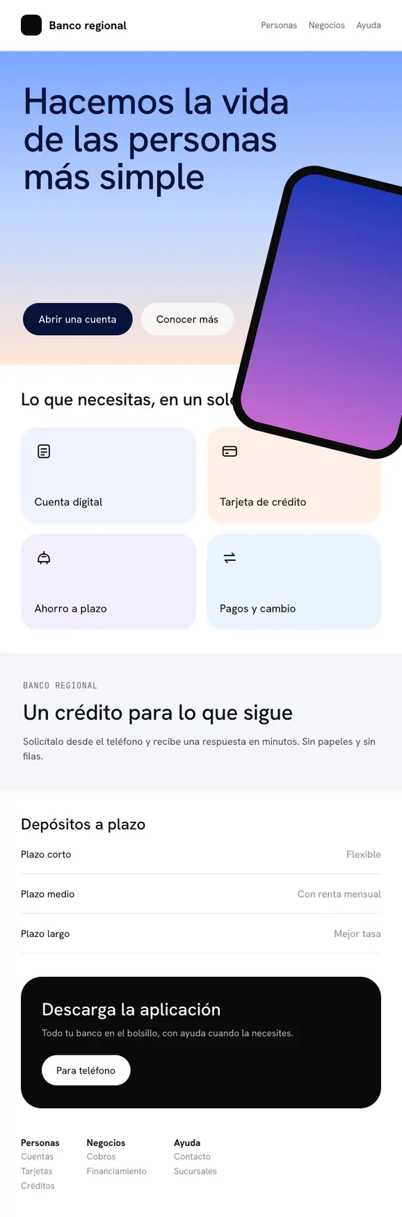 Página web del banco, de arriba abajo: portada con un titular, mosaicos de servicios, crédito, depósitos y pie