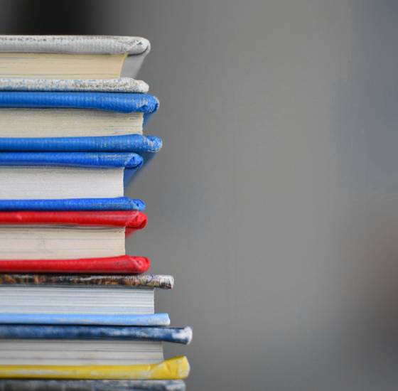 Pila de libros de tapa dura en tonos azules