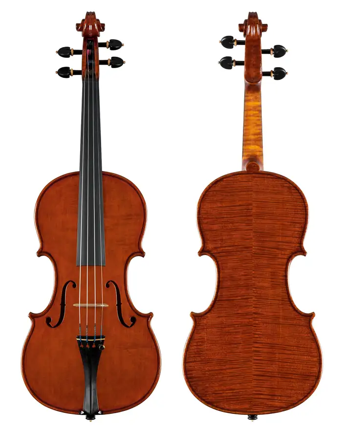 Frente y dorso de un violín, con la madera flameada a la vista
