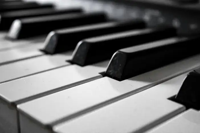 Teclas blancas y negras de un piano, en blanco y negro