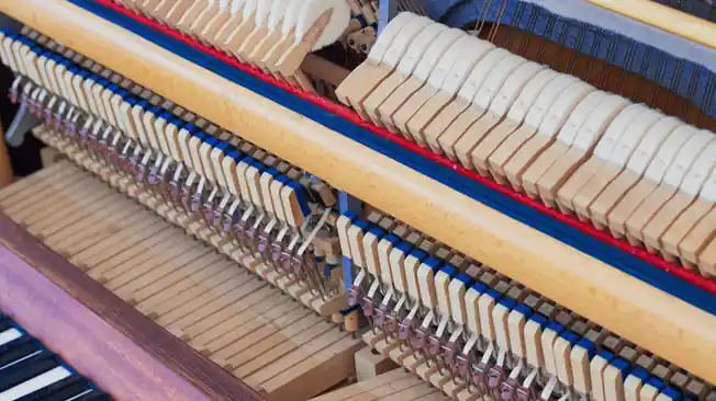 Fieltros de colores sobre los macillos de un piano