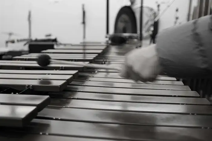 Barras de marimba en blanco y negro, con una mano que las toca