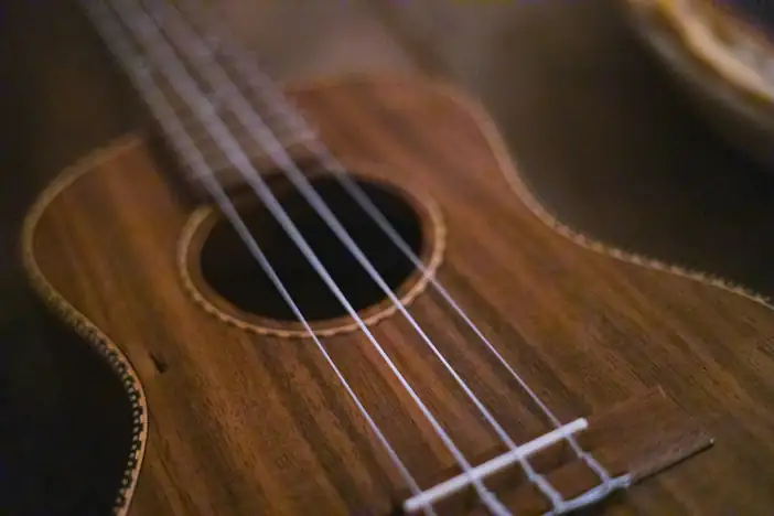Boca y cuerdas de un ukelele de madera oscura